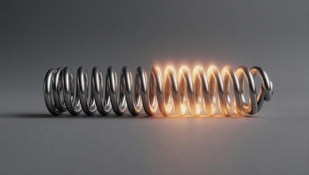 A smart material shape memory alloy spring glowing with energy.