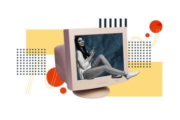 Composite photo collage of happy girl hold iphone device sit inside pc monitor office worker business girl isolated on painted background
