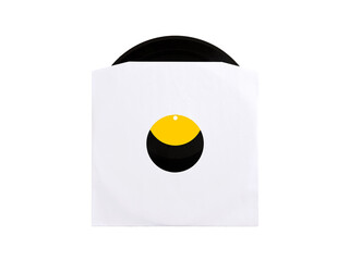 Black vinyl record in white paper sleeve with yellow label on white background