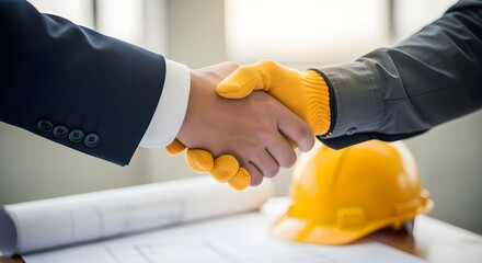 Professional handshake sealing construction project deal with blueprints and hard hat