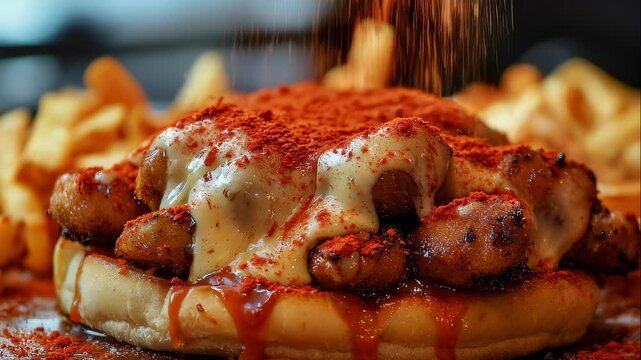 Seasoning falling onto cheesy chicken sandwich with french fries, a spicy and savory fast food preparation footage.