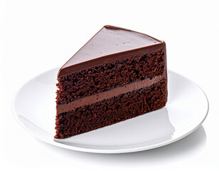 Chocolate Cake Slice on White Plate with Full View and Sharp Detail	