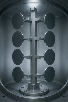 A complex fixture inside a physical vapor deposition chamber.