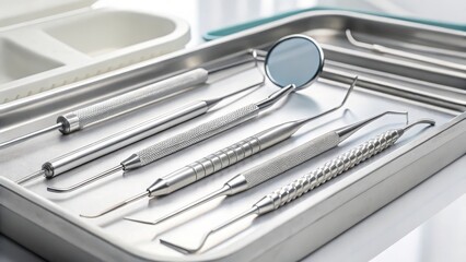 Close up of dental instruments on a tray for oral care