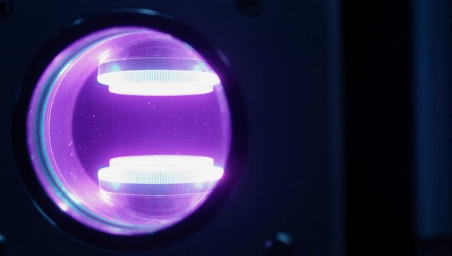 Close-up of a physical vapor deposition chamber glow with purple plasma.