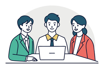 Team of three business people having a meeting isolated on white background discussing work with laptop on the table