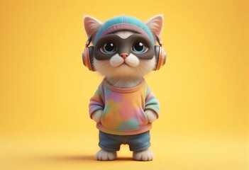 Cute kitten in headphones and colorful T-shirt