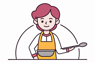 A smiling female chef stirring ingredients in a bowl isolated on white background, radiating culinary passion and expertise in food preparation