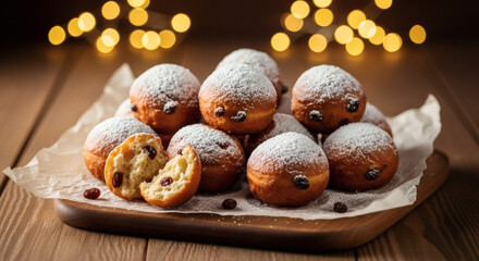 Golden Fried Oliebollen Doughnuts Filled with Raisins and Dusted with Confectioners' Sugar: Traditional Dutch New Year's Snack for a Happy Beginning