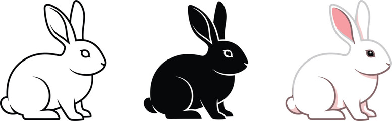 Fototapeta premium Three bunnies in a row a white outline a black silhouette and a white rabbit with pink ears representing variety and easter vector