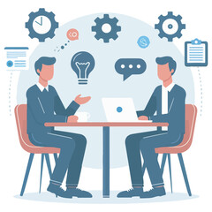 Flat design meeting and teamwork icon set including brainstorming, discussion, presentation, collaboration, and business agreement