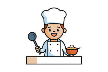 Cheerful chef cooking in the kitchen isolated on white background a cook with a spoon and a pot in his hands is smiling