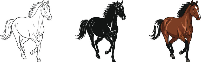 Three horses depicted in different styles sketch silhouette and realistic full color rendering showcasing artistic versatility and breed purity vector