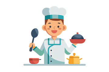 Happy chef preparing food isolated on white background a cook with a spoon and a dish in his hands is smiling in the kitchen