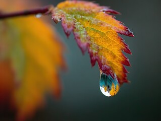 Water droplet on autumn leaf edge reflecting vibrant colors, intricate details close-up visual
