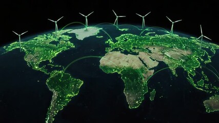 Earth with wind turbines and glowing connections - Powered by Adobe