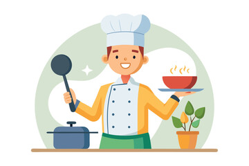 Happy chef holding plate of food in kitchen, showcasing culinary creation with pride and joy, isolated on white background