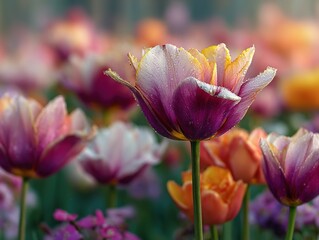 Blurred tulip field focusing on purple and pink flower with yellow edges, soft pastel colors and sunlight shadows