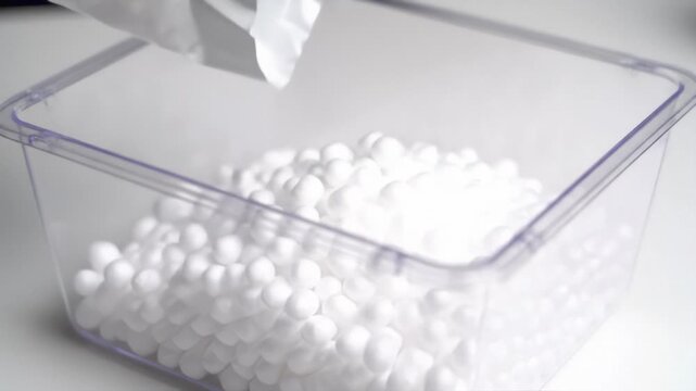Pouring white plastic pellets into transparent container for production process