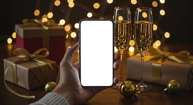 A person's hand holding a smartphone with a blank screen, festive celebration background.