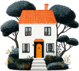 Cozy cartoon house illustration of home, building with tree