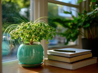 Small green plant in emerald pot on table with books and pen, window daylight indoor visual