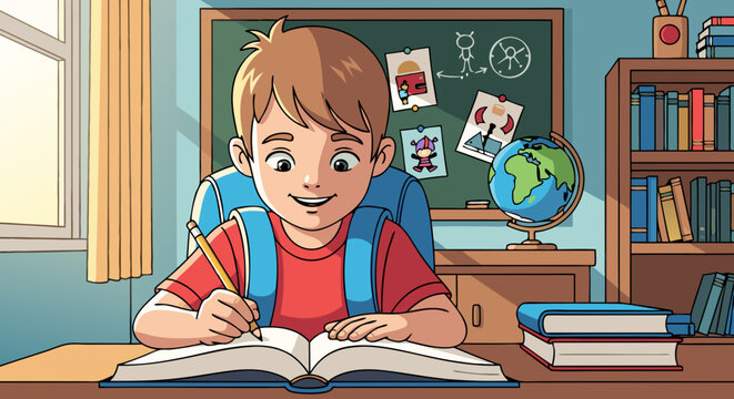 A happy young boy sits at a desk in a classroom, diligently doing his homework with a pencil and open book, bathed in warm sunlight