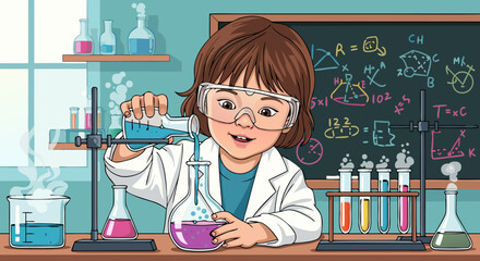 A young girl in a lab coat and goggles enthusiastically conducts a colorful science experiment with bubbling liquids in beakers and test tubes, illustrating curiosity and discovery