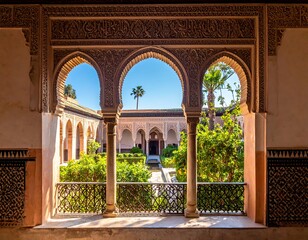 Ornate courtyard view through arches