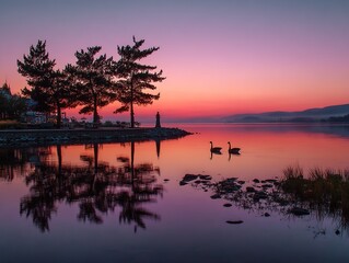 Pink and purple sky at dusk reflecting on calm lake, trees geese statue serene nature sunset