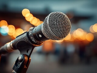 Close-up of open microphone on stage, blurred background with bokeh lights, soft pastel color scheme