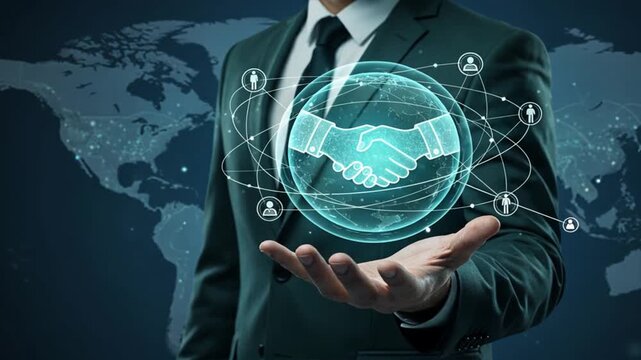 A businessman holidng a digital sphere with networking icons for vendor management and supplier management alliances