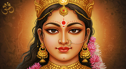 Close-up devotional portrait of Goddess Uma (Parvati) with a serene expression, elaborate gold jewelry, and the sacred Om symbol against a golden, glowing background.