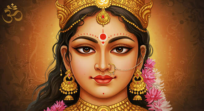 Goddess Parvati portrait, Hindu divine mother Uma Devi with Om symbol