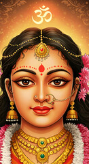 Close-up devotional portrait of Goddess Uma (Parvati) with a serene expression, elaborate gold jewelry, and the sacred Om symbol against a golden, glowing background.