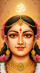 Close-up devotional portrait of Goddess Uma (Parvati) with a serene expression, elaborate gold jewelry, and the sacred Om symbol against a golden, glowing background.