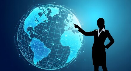 A businesswoman points to a glowing digital globe, symbolizing global connectivity and business.