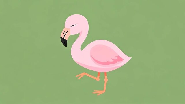 Cute Pink Flamingo Standing on One Leg on Green Background.