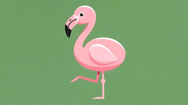 Cute Pink Flamingo Standing on One Leg on Green Background.