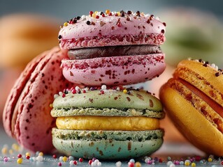 Stack of colorful macarons on white background, close-up shot with sugar sprinkles