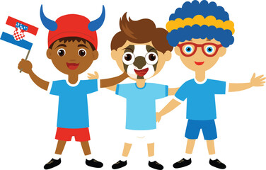 Cartoon kids cheering for sports team, face paint, national flag, colorful outfits, friendship, unity, fan culture, Croatia support, playful illustration, youth celebration