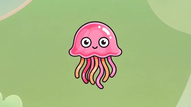 Cute Pink Jellyfish Cartoon Animation on Green Background for Kids.