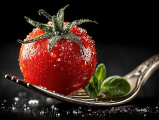 Tomato on elegant fork end, against solid black background, high-resolution visual