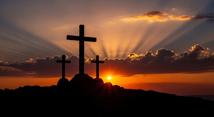 Three Crosses Silhouetted Against a Dramatic Sunset Sky.