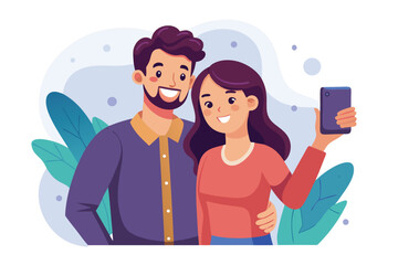 Happy couple taking a selfie isolated on white background with plants around them on a sunny day indoors