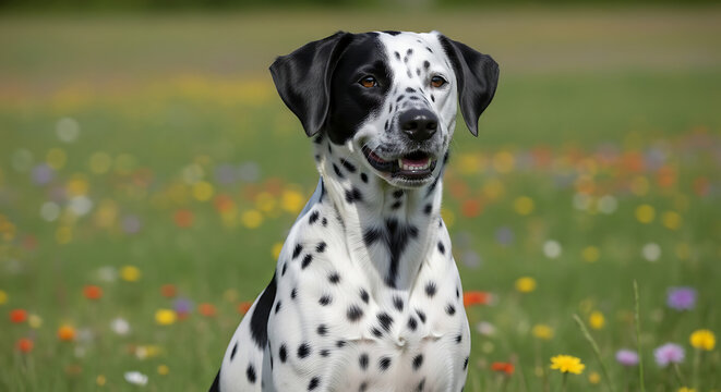 A happy Dalmatian dog with distinctive black spots in a field of wildflowers.