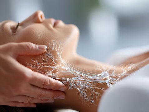 Conceptual image of lymphatic drainage massage showing glowing skin and digital illustration of lymph nodes circulation for holistic facial care