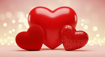 Obraz premium Three Red Hearts on Pink Background with Bokeh Lights Symbolizing Love and Romance.