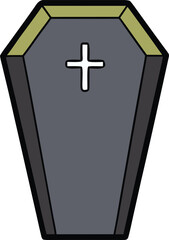 Obraz premium Cartoon coffin with a cross on top, illustrated in a playful style, set against a simple background.