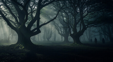 Dark Spooky Forest Scene with Silhouetted Trees and Eerie Fog.